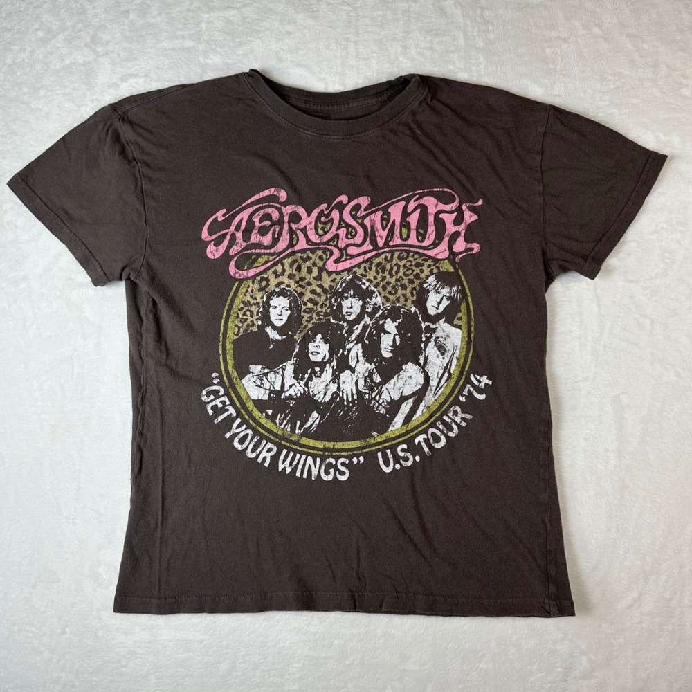Aerosmith Get Your Wings US Tour 74 Graphic Tee Brown Small Rock Band Shirt